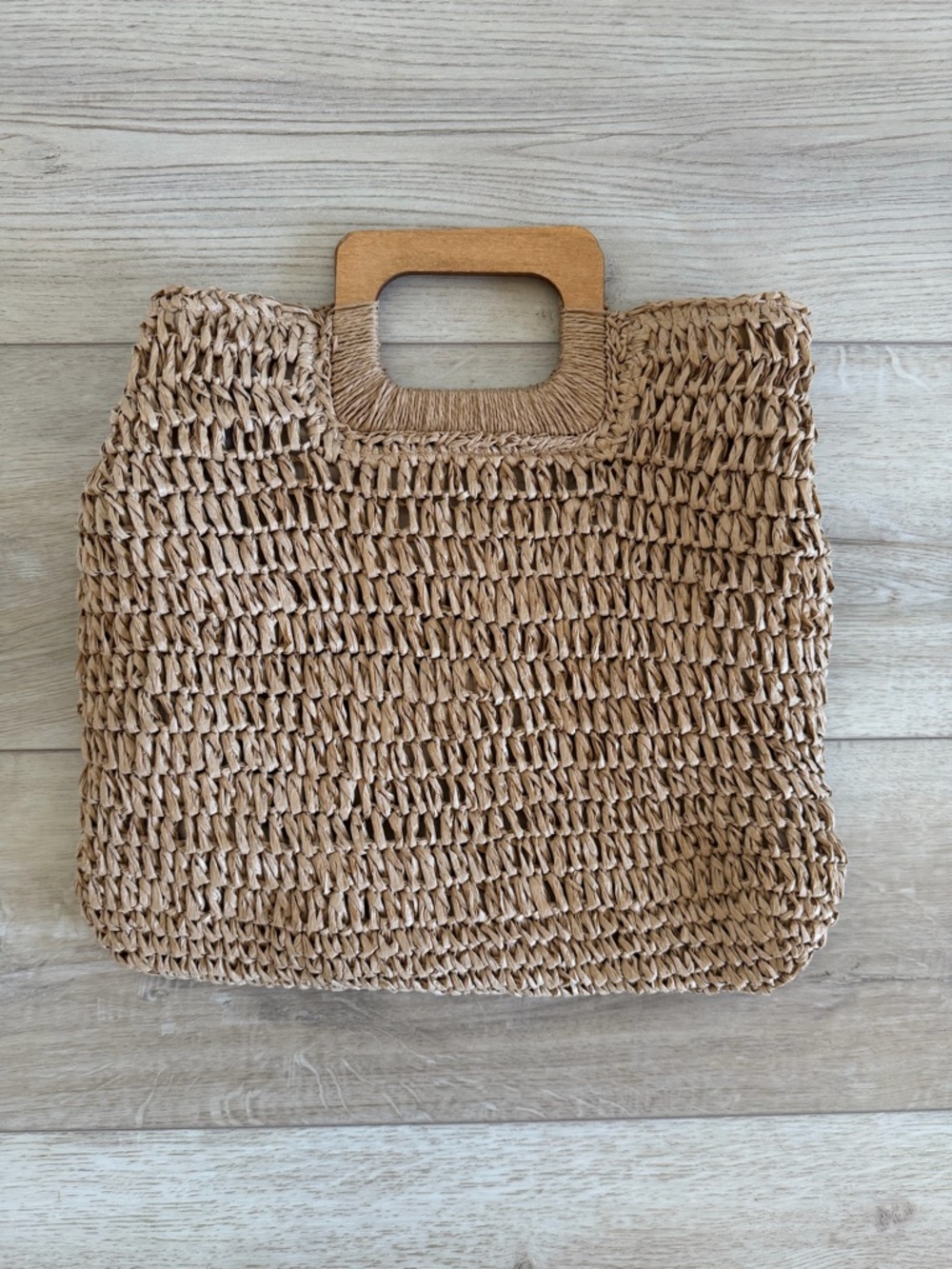 Woven Straw Tote Bag with Wooden Handles
